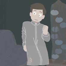 a cartoon drawing of a man standing next to a couch