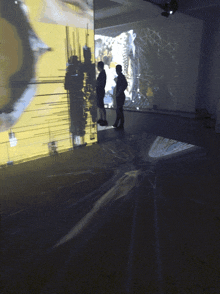 two people are standing in front of a wall with a projection of a painting on it