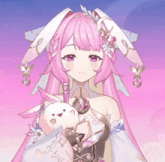a girl with pink hair is holding a stuffed bunny