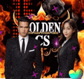 a man and a woman standing in front of a sign that says golden