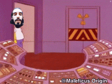 a cartoon of a man with a beard standing in front of a door that says " zav "