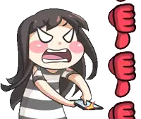 a cartoon of a girl holding a cell phone with the word e on it