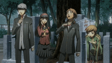 a group of anime characters are standing in front of a sign that says ' shrine '