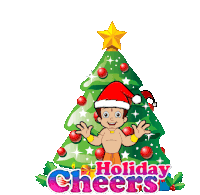 a cartoon christmas tree with the words holiday cheers in the bottom right corner