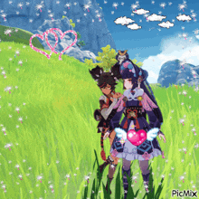 a couple of anime characters are standing in a grassy field with hearts in the background
