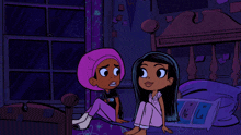 a cartoon of two girls sitting next to a bed with a picture of a skull on the wall
