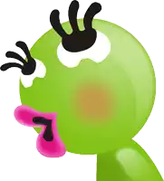 a green cartoon character with black eyes and a pink tongue sticking out