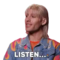 a man with blonde hair is wearing a denim jacket with flames on it and says listen