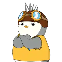 a cartoon penguin wearing a helmet and goggles looks angry