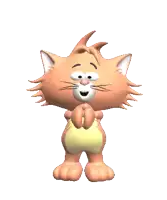 a cartoon cat is standing with its hands folded