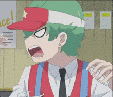 a man with green hair is wearing a red and white hat