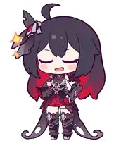 a cartoon drawing of a girl with black hair and a red dress