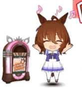 a cartoon girl is standing next to a jukebox and dancing .