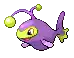 a pixel art drawing of a purple and yellow fish with a yellow ball hanging from its tail .