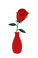 a single red rose is in a red vase with green leaves