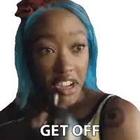 a woman with blue hair and a tattoo on her arm is holding a gun and says get off