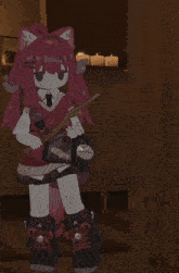 a girl with red hair is standing in front of a shelf with candles on it