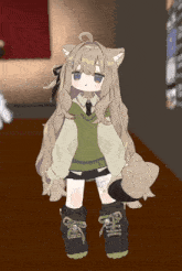 a girl with a cat ear is wearing a sweater and shorts