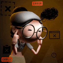 a cartoon character with glasses covering her ears with a red error sign above her