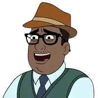 a man wearing glasses and a hat is smiling