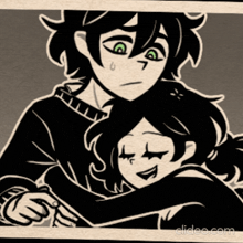 a black and white drawing of a boy hugging another boy