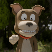 a cartoon dog with a bone around his neck is waving