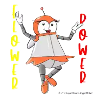 a cartoon drawing of a robot holding flowers with the words flower power behind her