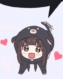 a cartoon girl is wearing a black bear hat and hearts are surrounding her .