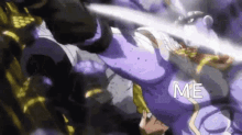 a man in a purple shirt is holding a sword and the word me is on the bottom of the image .