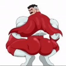 a cartoon character in a red cape and white pants