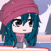 a girl with blue hair wearing a pink hat and a scarf