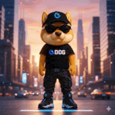 a dog wearing sunglasses and a black shirt with the word dog on it