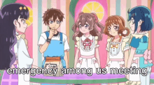 a group of anime characters standing next to each other with the words " emergency among us meeting " on the bottom