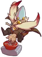 a cartoon drawing of a man with a beard pressing a button with a crossbones on it