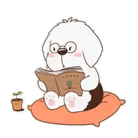 a cartoon dog wearing glasses is reading a book while sitting on a pillow .