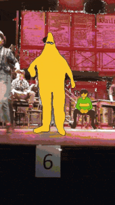 a pixel art drawing of a man standing on a stage with a sign that says 6