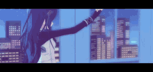 a girl with long black hair is standing in front of a window with a city skyline behind her