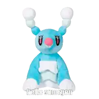 a blue stuffed animal with a pink nose and the words hello smorgon on the bottom