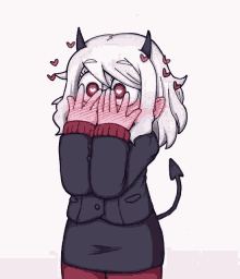 a cartoon drawing of a girl with horns covering her face