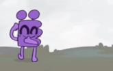 a purple cartoon character is standing in a field with a gray background .