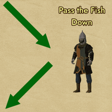 a drawing of a man holding a large fish with the words pass the fish down below him