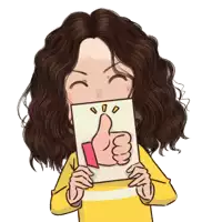 a cartoon of a woman holding a card with a thumbs up