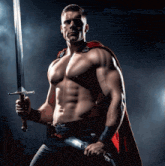 a shirtless man in a red cape is holding a sword in his right hand