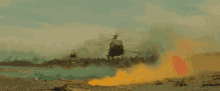a helicopter is flying over a body of water with smoke coming from it