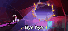 a cartoon character says bye bye in front of a purple and red background