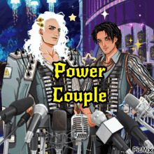 a couple of men standing in front of microphones with the words power couple on the bottom