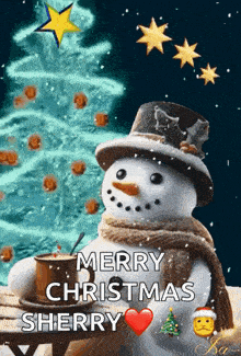 a snowman is holding a cup of coffee in front of a christmas tree and wishing merry christmas to sherry