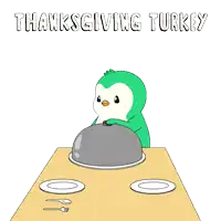 a cartoon of a bird holding a pan over a turkey with the words thanksgiving turkey below it