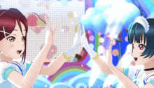 two anime girls are giving each other high fives