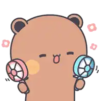 a cartoon bear is holding two fans in its hands and smiling
